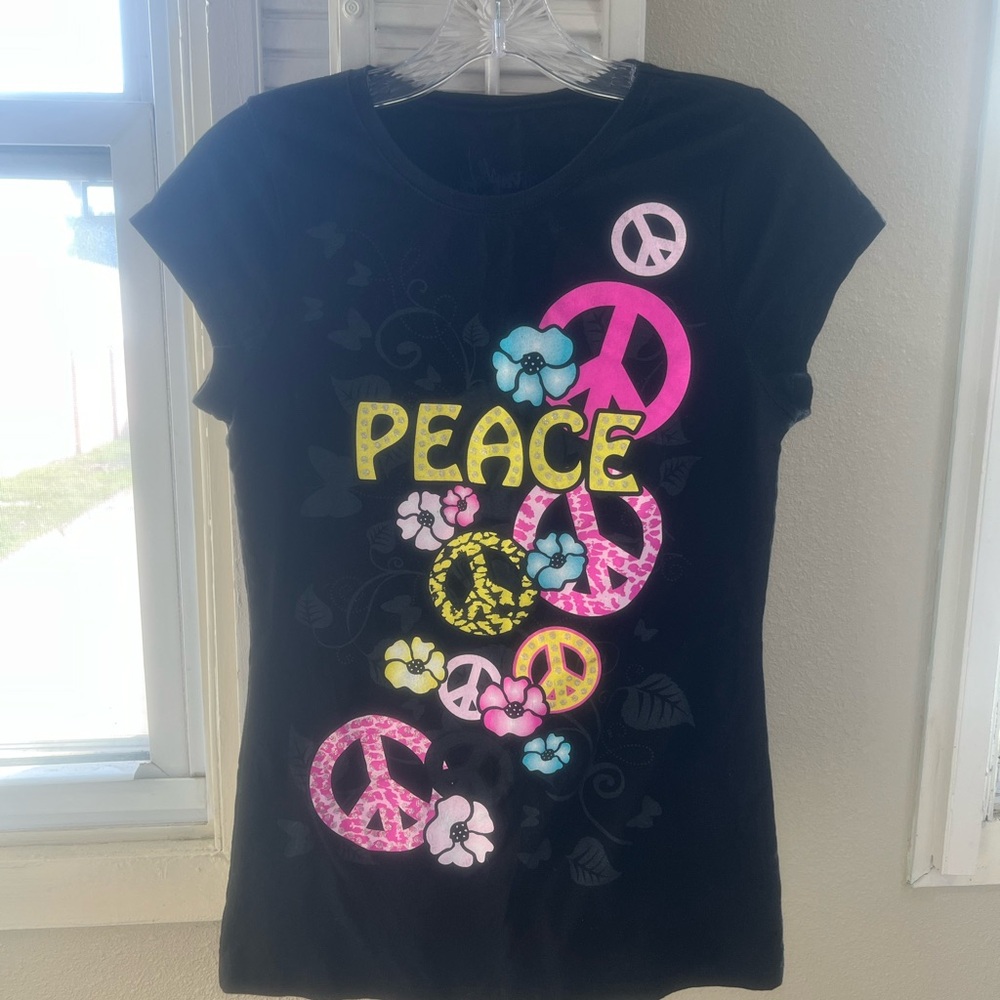 Hollywood Trash Women’s Black Peace Sign Flowers & Butterflies T Shirt SZ SM NEW